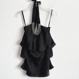 White House Black Market WHBM Tiered Halter Top 4 Black Chain Link Neckline NEW